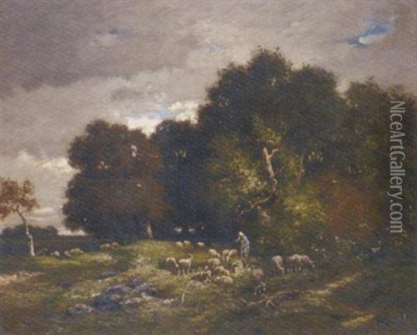 A Shepherd With His Sheep By A Wood Oil Painting - Charles Emile Jacque