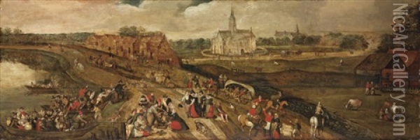 An Extensive Landscape With Peasants On A Track Near A River Oil Painting - Marten van Cleve the Elder