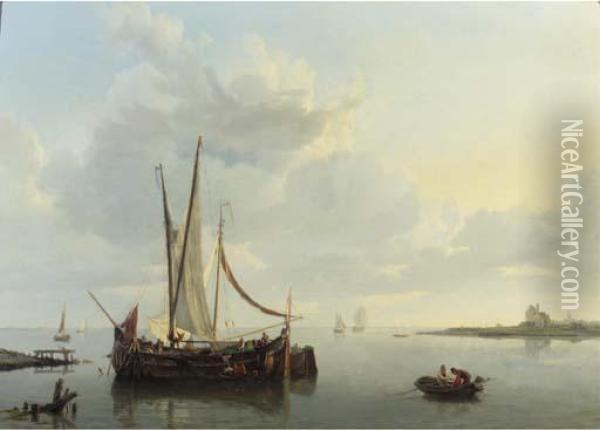 A Calm: The Barge De Vrouw Preparing For Departure Oil Painting - Hermanus Koekkoek
