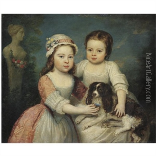 Portrait Of Two Young Girls With A Dog Oil Painting - Philip Mercier