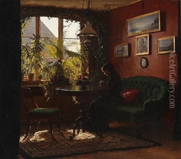 Fru Suzette Mariboe, F. Dalgas, I Sin Stue I Frederiksgade Oil Painting - Niels Kristian Skovgaard