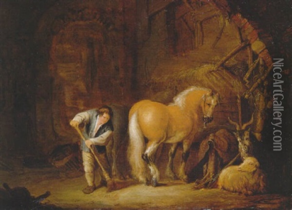Horses, A Goat And A Sheep In A Stable With A Groom Sweeping The Floor Oil Painting - Isaac Van Ostade