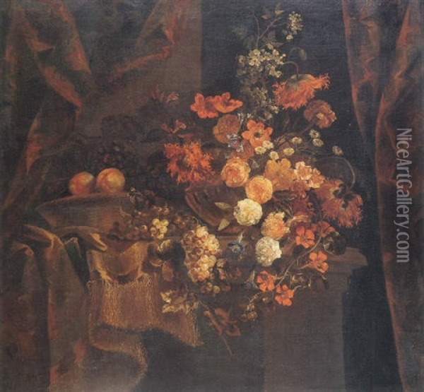 Flowers In A Vase And Fruit On A Partly Draped Pedestal Oil Painting - Jean-Baptiste Belin de Fontenay the Elder