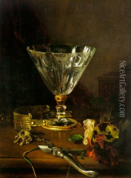 A Still Life With An Etched Baccarat Goblet, A Gold Bangle, Pansies And Secaturs On A Tabletop Oil Painting - Blaise Alexandre Desgoffe