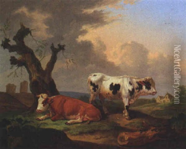Zwei Kuhe Auf Der Weide Oil Painting - Johann Baptist Dallinger von Dalling the Younger
