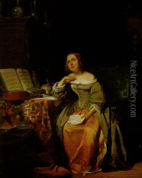 Woman Reading Letter In Interior Oil Painting - Willem Hendrik Schmidt