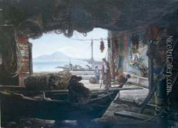 Grotta Di Pescatori A Posillipo Olio Su Tavola, Cm 44,5x61 Oil Painting - Andreas Pic De Leopold