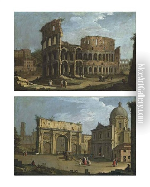 Views Of Rome: The Colosseum And The Arch Of Septimius Severus, With The Church Of San Luca And Santa Martina (a Pair) Oil Painting - Bernardo Canal