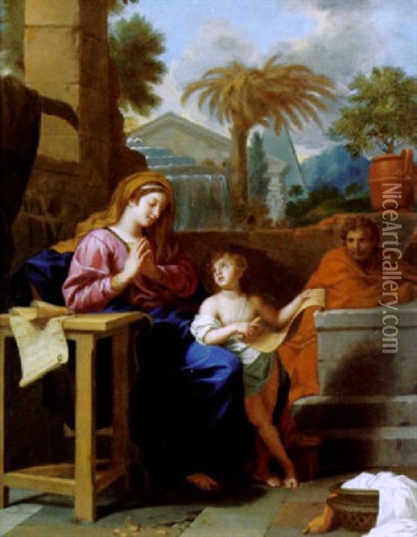 Die Heilige Familie In Agypten Mit Dem Jesusknaben, Der Die Buchstaben Des Hebraischen Alphabets Erklart Oil Painting - Charles Le Brun