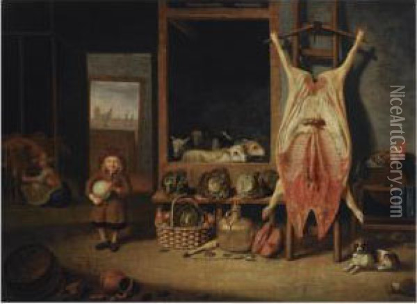 A Barn Interior With A Slaughtered Pig, A Young Boy Playing With Apig's Bladder, Sheep, A Cockerel And A Dog, Vegetables On A Woodenledge, A Maid Milking Cows, A View Of Dordrecht Beyond Oil Painting - Hubert Van Ravesteijn