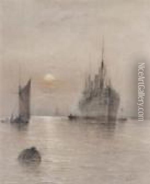 Harbour Scene At Sunset Oil Painting - Albert Ernest Markes
