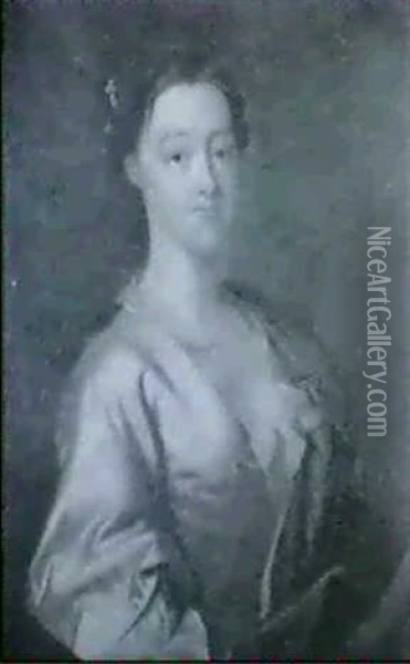 Portrait Of Grace Smythe, Half-length, Wearing A Cream Silk Dress And Blue Shawl Oil Painting - Thomas Hudson