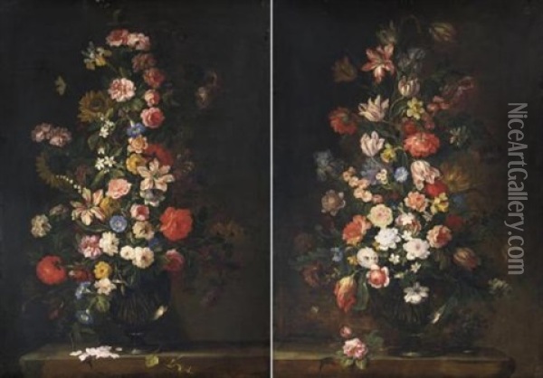 Nature Morte Con Vaso Di Fiori (pair) Oil Painting - Jean-Baptiste Monnoyer
