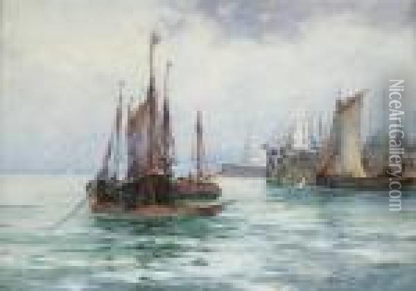 Fishing Vessels At Anchor Off Folkestone Harbour Oil Painting - William Harrison Scarborough