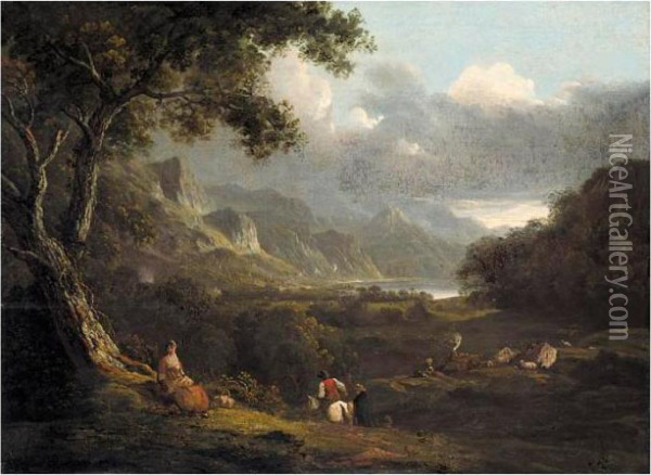An Extensive Landscape, Possibly
 A View Of The Lake District, With Figures In The Foreground Oil Painting - Julius Caesar Ibbetson