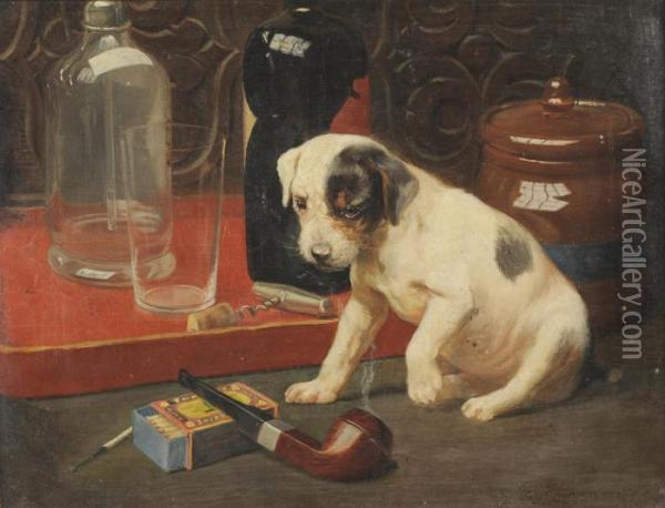 Study Of A Terrier Pup, Looking At A Pipe And Box Of Matches Oil Painting - George Derville Rowlandson