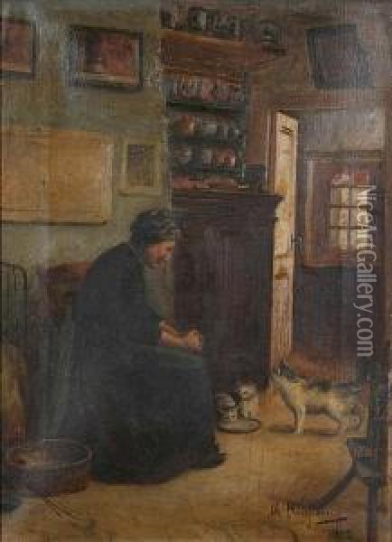 Boereninterieur Met Vrouw En Katten. Oil Painting - Charles Rousseau
