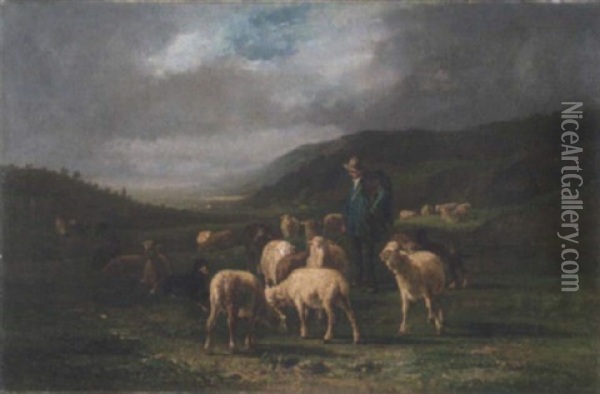 Berger, Ses Moutons, Un Soir D'orage Oil Painting - Antonio Cortes Cordero