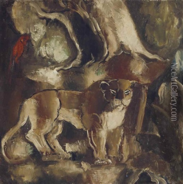 La Lionne Et Le Perroquet Oil Painting - Charles Dufresne