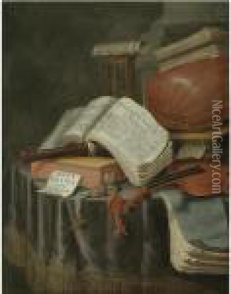 A Vanitas Still Life With Books 
And Manuscripts, A Recorder, A Lute, A Violin, An Hourglass And A 
Compass, All On A Draped Table Oil Painting - Edwart Collier