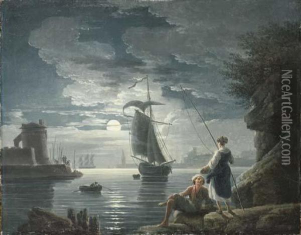 A Rocky Harbour By Moonlight With A Peasant Couple Conversing Inthe Foreground Oil Painting - Claude-joseph Vernet