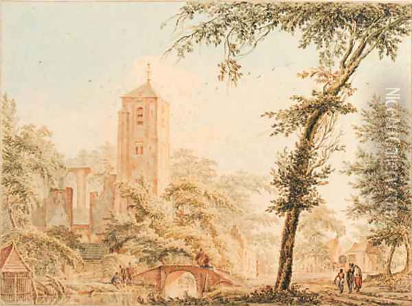 A ruined church in a village with figures by a bridge over a river Oil Painting - Paulus Van Liender