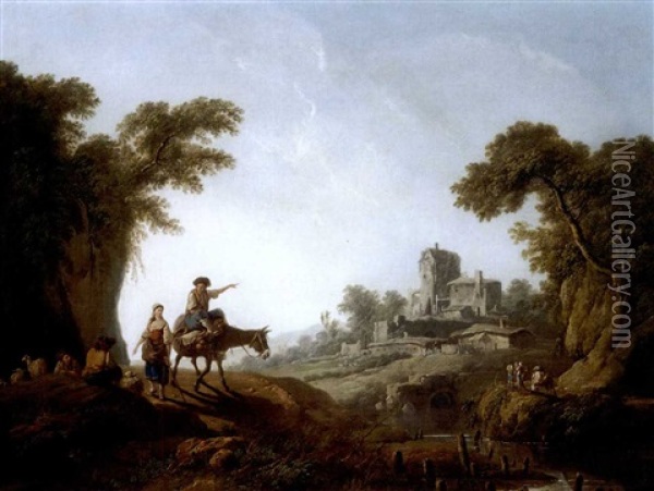 River Landscape With A Traveller On A Donkey And Shepherds Oil Painting - Jean Baptiste Pillement