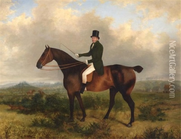 Equestrian Figure, Fox Hunt In Distance Oil Painting - George Henry Laporte