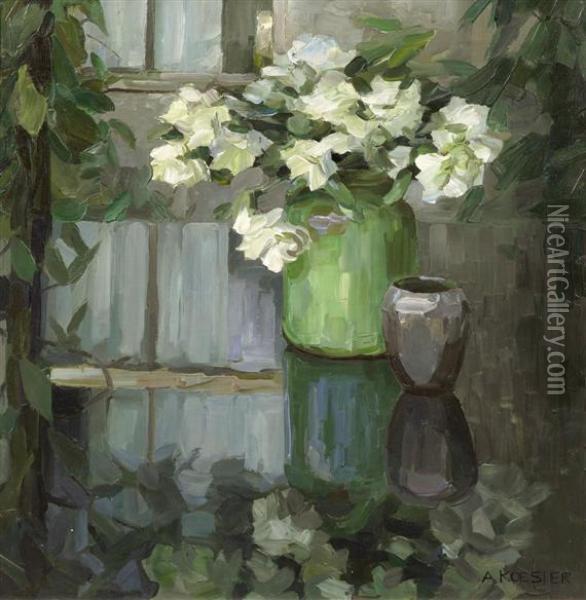 White Carnations In A Green Vase Oil Painting - Alexander Max Koester