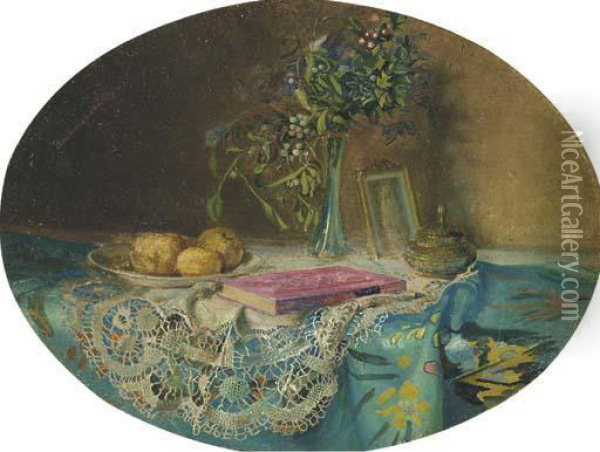 Flowers, A Pink Book And Fruit On A Table Oil Painting - Karoly, Karl Bachmann