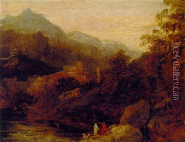 An Extensive Mountainous Landscape With Figures By A Pool And Fortifications Beyond (india?) Oil Painting - James Baille Fraser