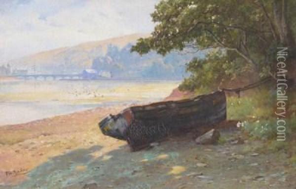 A Boat On The Shore At Low Tide, Possibly Cornwall Oil Painting - Frederick W. Baker