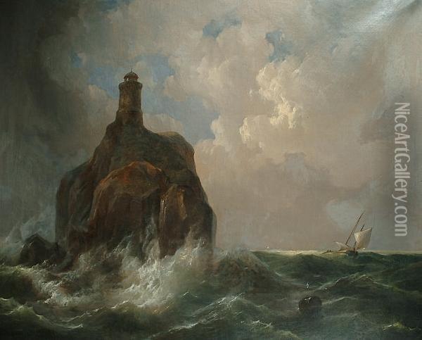 Lighthouse And Stormy Seascape Oil Painting - Rudolf Hardorff