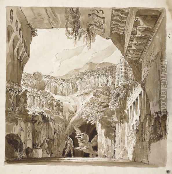 A stage design A man fighting a dragon in a cave (recto), Architectural sketches (verso) Oil Painting - Lorenzo I Quaglio