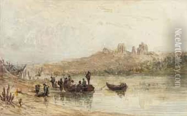 Figures Disembarking From A Ferry Below Castle Ruins Oil Painting - George Weatherill