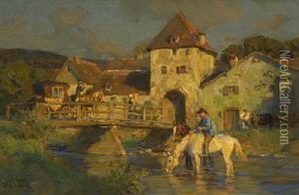 Bauer Mit Pferden Im Fluss Oil Painting - Wilhelm Velten