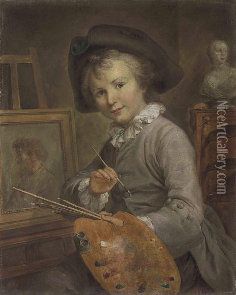 Portrait Of A Young Boy, 
Three-quarter-length, Seated At An Easel,a Classical Bust Behind Oil Painting - Francois-Hubert Drouais