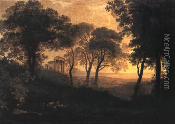 An Extensive Italianate Landscape With A Ruined Temple On A Hill Oil Painting - Jacob Philipp Hackert