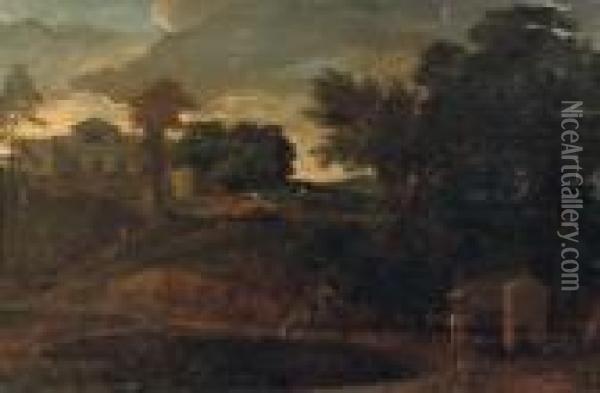 An Italianate Landscape With A Washerwoman Near A Lake, A Villa On A Hill Beyond Oil Painting - Gaspard Dughet Poussin