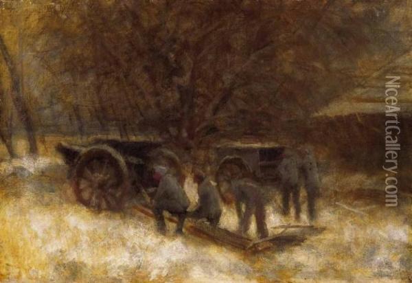 Gunners In Snowy Landscape Oil Painting - Laszlo Mednyanszky