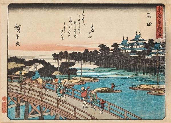 Tokaido Gojusantsugi Oil Painting - Utagawa or Ando Hiroshige