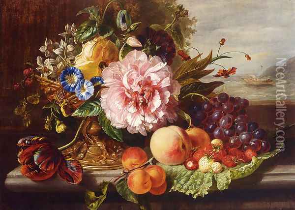 A Still Life With Flowers And Fruit Oil Painting - Helen Augusta Hamburger