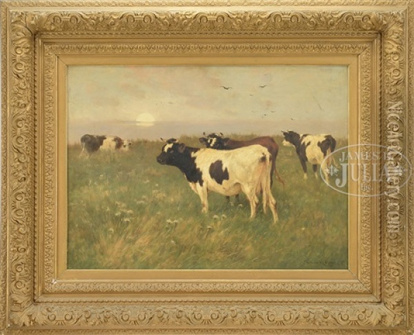 Cows Grazing Under Low Sun Oil Painting - William Henry Howe