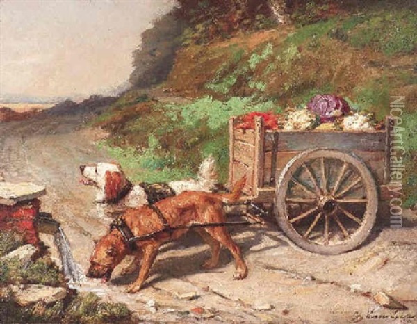 Hundekarren An Einer Quelle Oil Painting - Charles van den Eycken