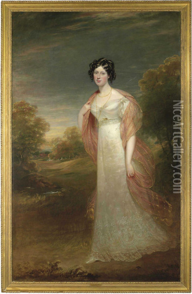 Portrait Of Ann Maria Harriet De
 Rhodes (1793-1849), Full-length, In A White Dress And Pink Chiffon 
Wrap, A Wooded Landscape Beyond Oil Painting - Sir William Beechey