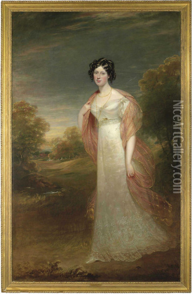 Portrait Of Ann Maria Harriet De
 Rhodes (1793-1849), Full-length, In A White Dress And Pink Chiffon 
Wrap, A Wooded Landscape Beyond Oil Painting - Sir William Beechey