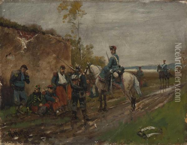 Preusischer Husar Zu Pferd Bei Franzosischen Kriegsgefangenen Oil Painting - Richard Knotel