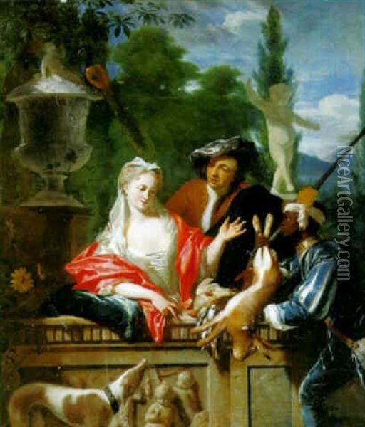 A Sportsman And His Page Presenting Dead Game To An Elegant Lady Oil Painting - Philip van Dyk