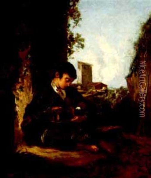 Boy With Pet Mouse Oil Painting - Thomas Barker