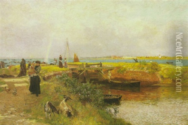 An Estuary Scene With A Mother And Child And Other Figures By A Lock Oil Painting - Martin Snape